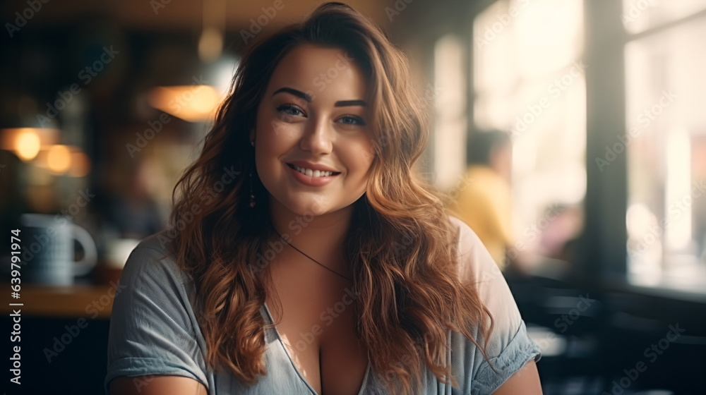 Portrait of a beautiful chubby young woman drinking a cup of coffee in a cafe or canteen. A plus-size young plump lady with an curly hairstyle is stylishly dressed sitting in a cafe. Generative ai