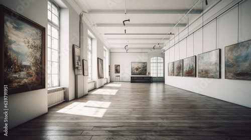 An art gallery with beautiful paintings displayed on minimalist white walls.