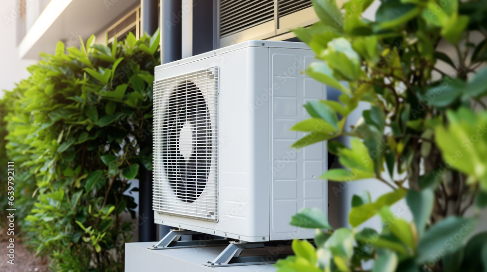 outdoor air conditioner compressor installed outside the wall of the house. device for office and home, legal AI outdoor air conditioner compressor installed outside the wall of the house. device for office and home, legal AI