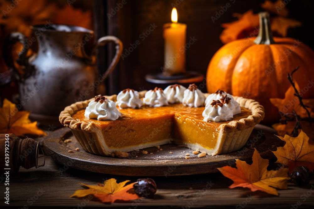 Traditional pumpkin pie on a neutral background Traditional pumpkin pie on a neutral background