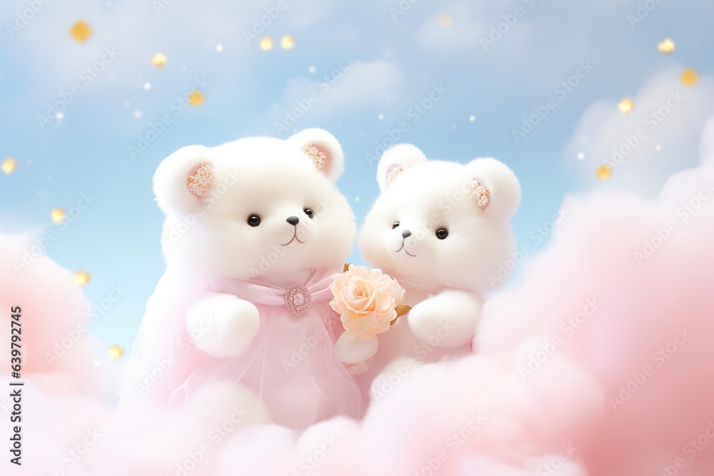Two Cute teddy bears with flowers, clouds, and romantic backgrounds, Valentine's Day, Mother's Day, God is love Two Cute teddy bears with flowers, clouds, and romantic backgrounds, Valentine's Day, Mother's Day, God is love