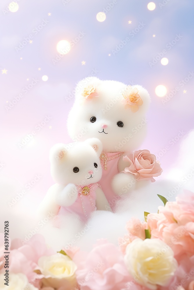Two Cute teddy bears with flowers, clouds, and romantic backgrounds, Valentine's Day, Mother's Day, God is love