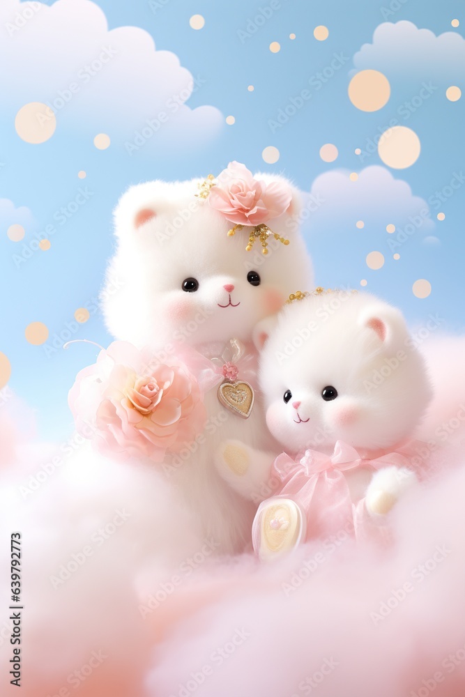 Two Cute teddy bears with flowers, clouds, and romantic backgrounds, Valentine's Day, Mother's Day, God is love Two Cute teddy bears with flowers, clouds, and romantic backgrounds, Valentine's Day, Mother's Day, God is love