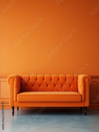  Cute orange loveseat sofa in empty room. Interior design of modern minimalist living room © Interior Design