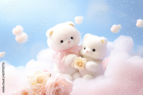 Two Cute teddy bears with flowers, clouds, and romantic backgrounds, Valentine's Day, Mother's Day, God is love © JetHuynh