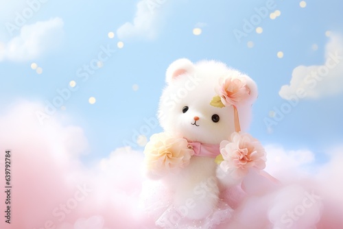 Two Cute teddy bears with flowers, clouds, and romantic backgrounds, Valentine's Day, Mother's Day, God is love