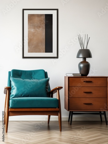 Dark turquoise lounge chair and wooden chest of drawers against white wall with art poster frame. Mid century style interior design of modern living room