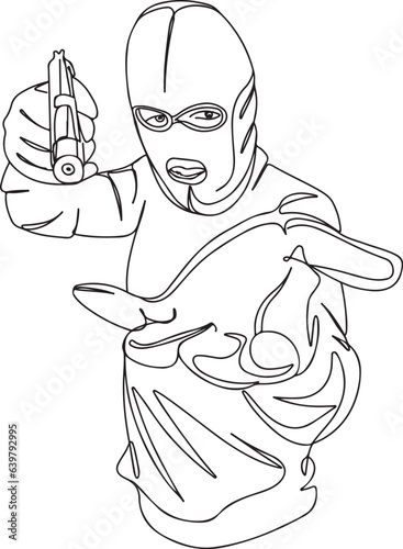 Illustrated Intrusion: One Line Cartoon of a Robbery in Progress, Front Pose of Armed Robber in One-Line Sketch, One-Line Cartoon of a Robbery with Masked Intruder