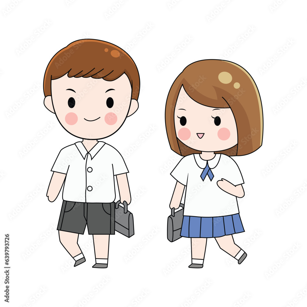 Thai student uniform. Thai boy and Thai girl cartoon. Character design