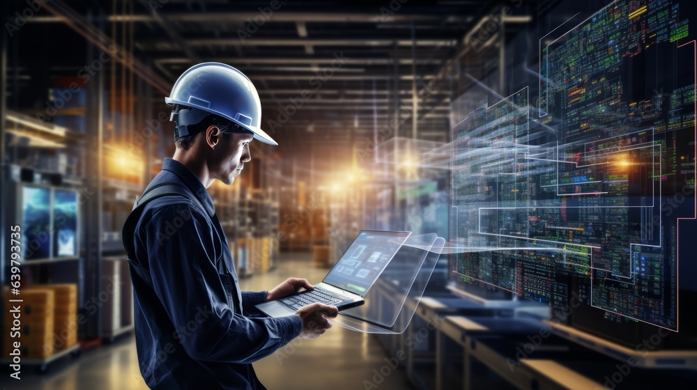 Portrait of an employee in a hard hat with a laptop who coordinates delivery at the warehouse and data center