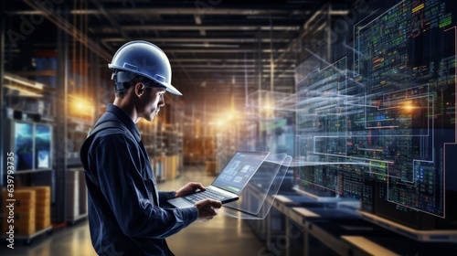 Portrait of an employee in a hard hat with a laptop who coordinates delivery at the warehouse and data center