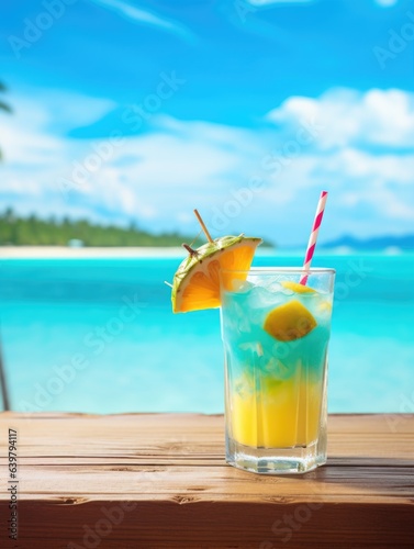 Glass with cocktail on wooden board against blue sky and sea lagoon. Summer vacation concept
