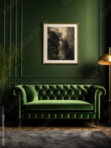 Green tufted velvet chesterfield sofa and poster on the wall. Interior design of modern living room.