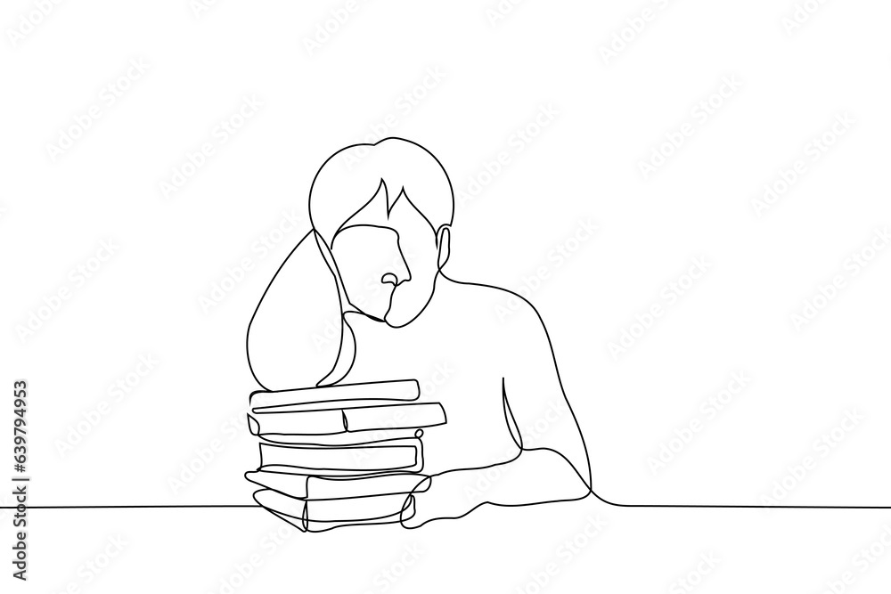 man sits leaning his elbow on a pile of books and looks at the viewer - one line art vector. the concept the student is tired or does not want to study