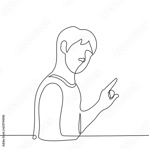 man looks at the viewer and points somewhere with his index finger - one line art vector. the concept indicate, blame someone, show direction