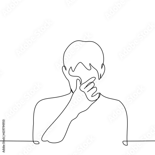 man rubs the bridge of his nose - one line art vector. the concept fatigue, intense mental reflection, hiding tears, shame or cringe
