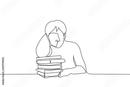 man sits leaning his elbow on a pile of books and looks at the viewer - one line art vector. the concept the student is tired or does not want to study