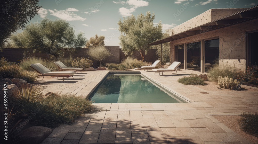 A backyard in Arizona with a pool deck made of travertine tiles, complementing the desert scenery.