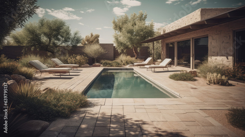 A backyard in Arizona with a pool deck made of travertine tiles, complementing the desert scenery. © Matthew