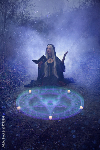 a blonde witch with long hair in a black hoodie is conjuring a spell with a pentagram and candles on the street