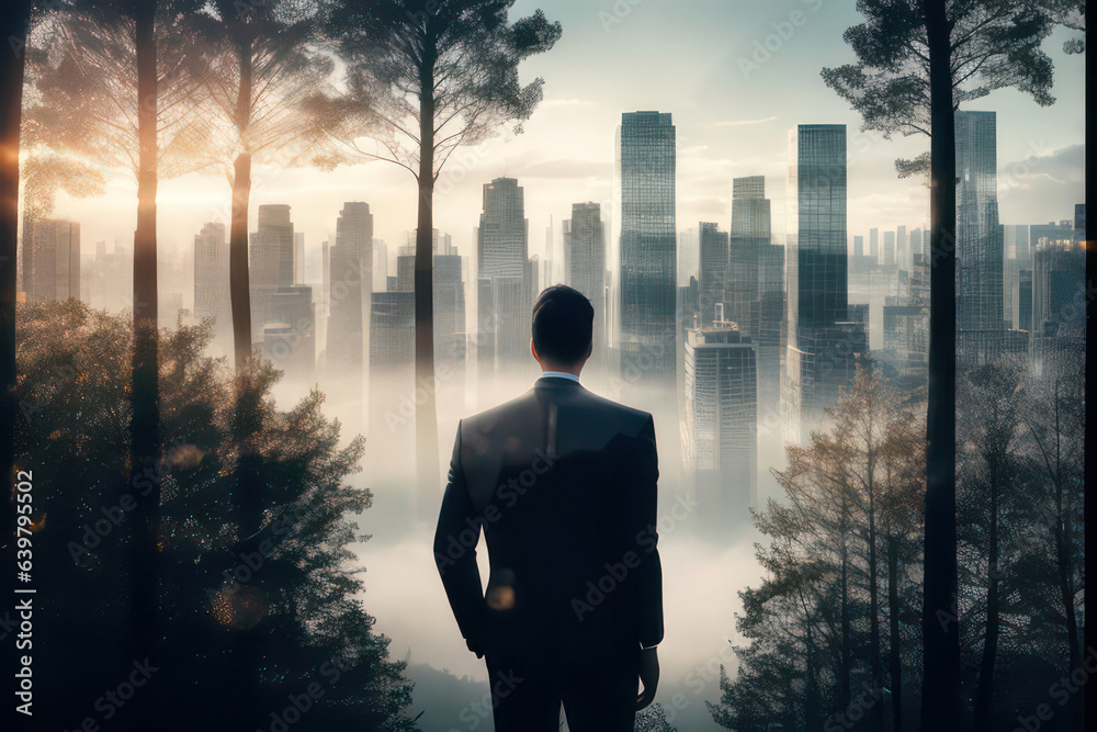 Illustration double exposure Businessman with forest and big city cover movie poster style.Generative AI