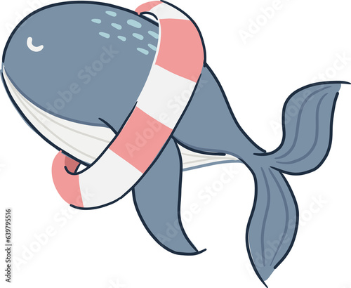 Whale cartoon character . Hand drawn style . PNG .