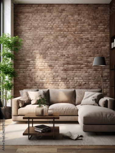 Interior design of modern apartment  living room with brick wall. Home design with beige sofa