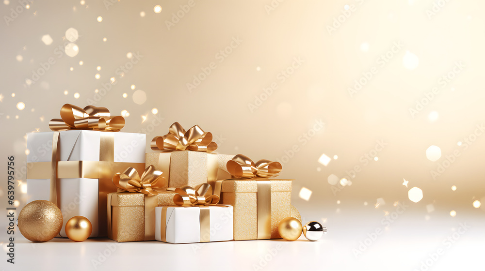Christmas background with balls and gift box with top view Christmas background with balls and gift box with top view