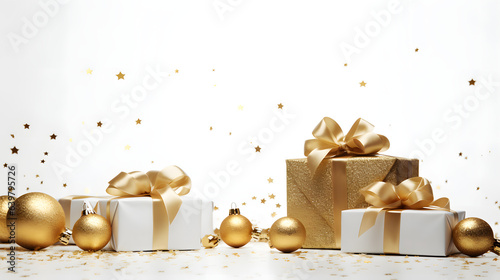 Christmas background with balls and gift box with top view