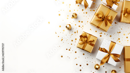 Christmas background with balls and gift box with top view