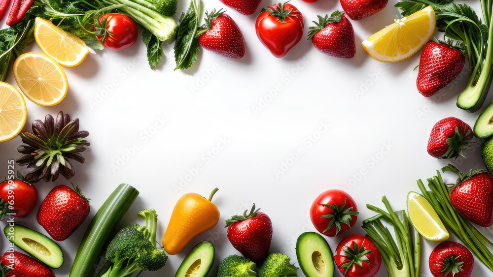Blank board background surrounded by fresh vegetables and fruits for input text Blank board background surrounded by fresh vegetables and fruits for input text
