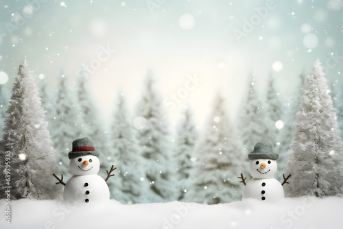 Christmas background with Christmas tree branches and snowman, winter seasonal with copy space.  © Zenzeta