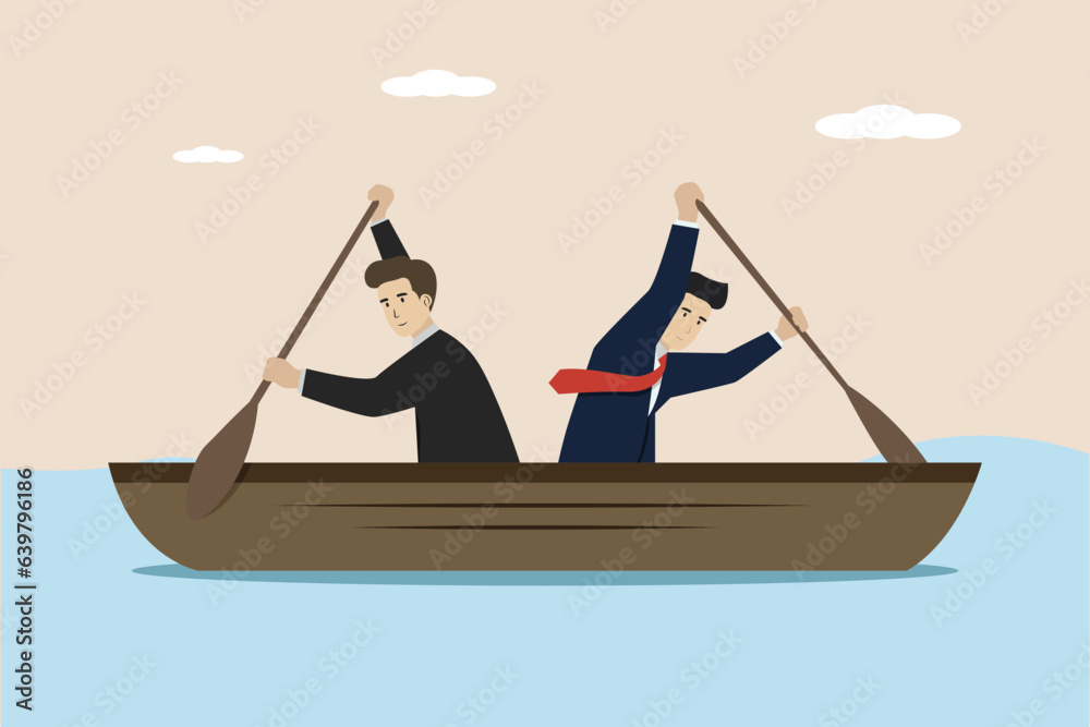 Different individual ways, business direction or team conflict, opposing decisions or disagreements, businessman and businessman rowing boat in opposite directions.