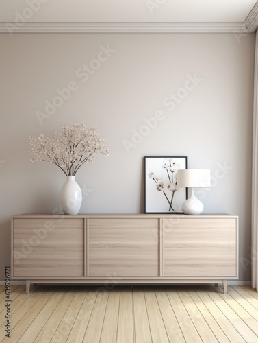 Interior of living room with white sideboard over wooden mock up wall. Home background design.