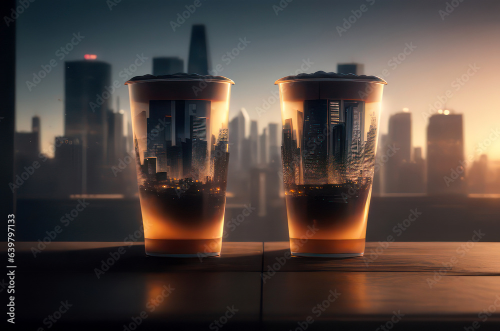 Illustration of double exposure glass of drink on table with reflection with big city cover movie poster style.Generative AI Illustration of double exposure glass of drink on table with reflection with big city cover movie poster style.Generative AI