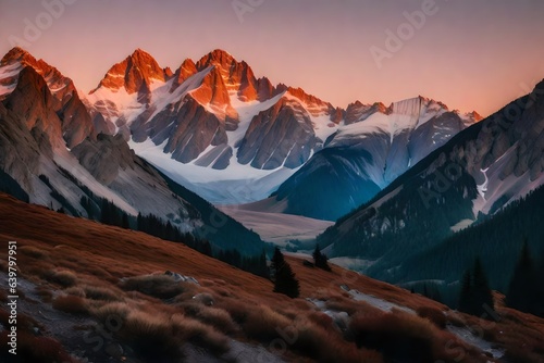 alpine, mountain peaks peaks bathed in the soft hues of alpenglow during the early morning hours
