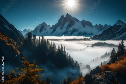 a mist-shrouded scene where the grandeur of mountain peaks becomes visible as the sun rises