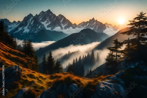 a mist-shrouded scene where the grandeur of mountain peaks becomes visible as the sun rises