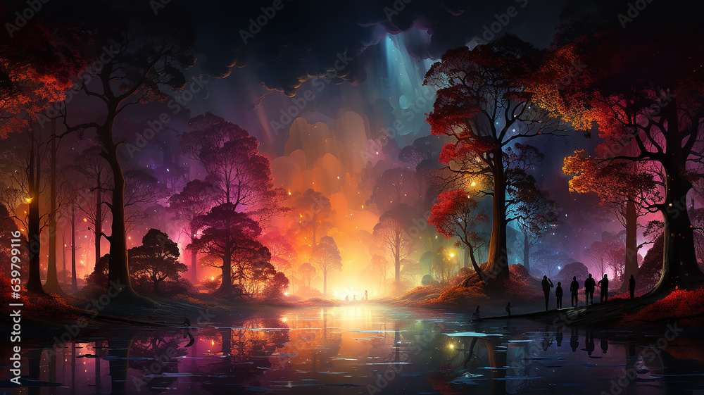 landscape in a fabulous forest, rainbow spectrum of colorful autumn trees in unusual neon lighting, fog background autumn fantasy