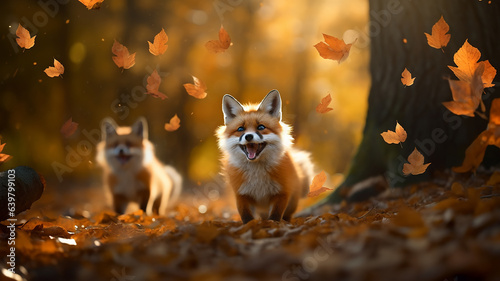 a cute fox runs in leaf fall through autumn leaves a view of wild nature the joy of change, a dynamic scene of flying leaves © kichigin19