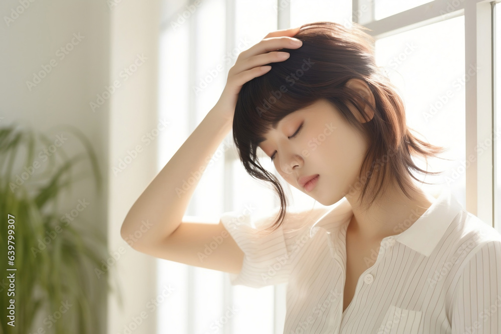 Beautiful young Asian woman put her hand on her head, feeling dizzy ...