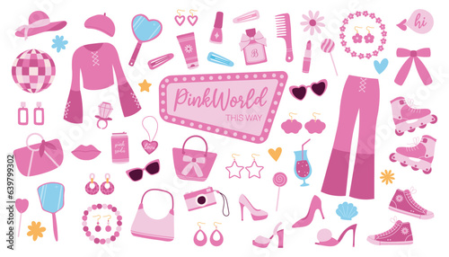 Pink doll girl trendy set with aesthetic accessories, clothing and cosmetics. Cartoon vector illustration.