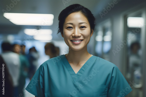 portrait of young asian female medical nurse wearing scrubs photo