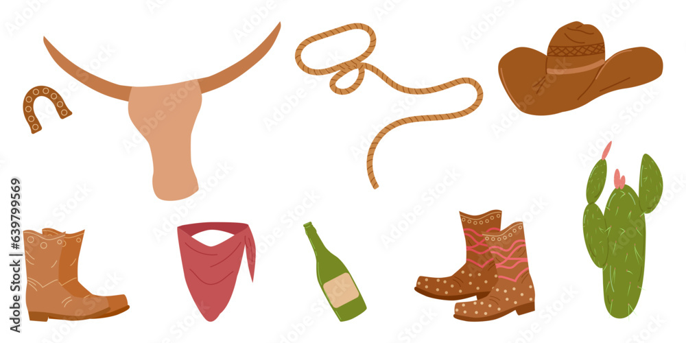American rodeo season. Wild West. Set elements. Banner and flyer design. Vector illustration. American rodeo season. Wild West. Set elements. Banner and flyer design. Vector illustration.