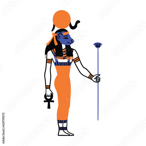 Cartoon Color Character Egyptian God Tefnut Egypt Myth Concept Flat Design Style. Vector illustration of Ancient Mythology Personage or Sculpture