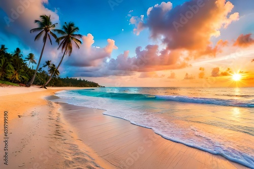 caribbean, idyllic, palm, panorama, paradise, relax, relaxation, resort, seascape, sunrise, tranquil, tropic, wave, clear, sand, coconut, hot, island, ocean, sun, tropical, beauty, blue, cana, cloud © kashif