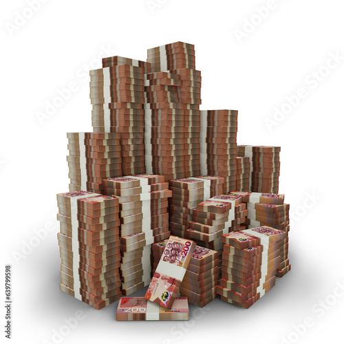Big stacks of Ghanaian cedi notes. A lot of money isolated on transparent background. 3d rendering of bundles of arranged cash