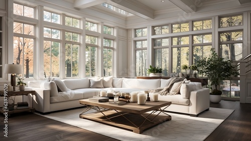 Modern living room interior design.There are wooden floor, sofa and coffee table.