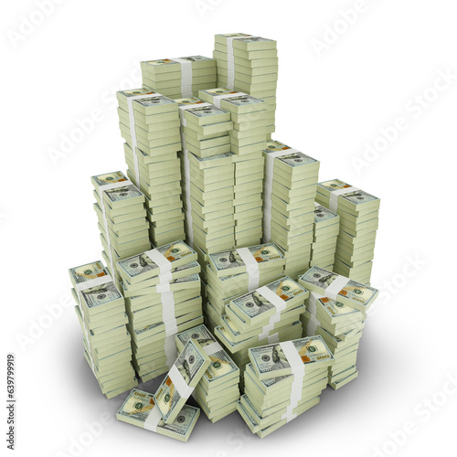 Big stacks of US dollar notes. A lot of money isolated on transparent background. 3d rendering of bundles of arranged cash, united states dollars photo