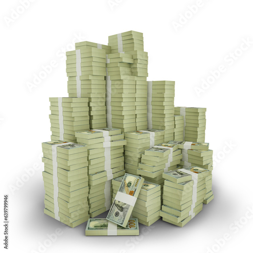 Big stacks of US dollar notes. A lot of money isolated on transparent background. 3d rendering of bundles of arranged cash, unted states dollars photo